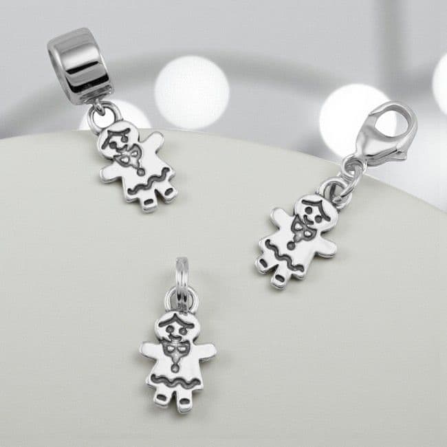 Gingerbread Girl Charm, Sterling Silver on Lobster Clasp, Split Ring or Bail | Charming Engraving