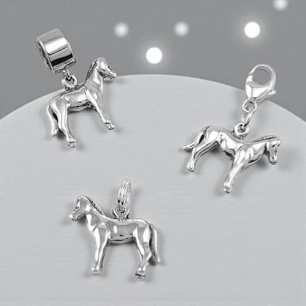 Silver Horse Pony Charm on Clasp, Split Ring or Bail