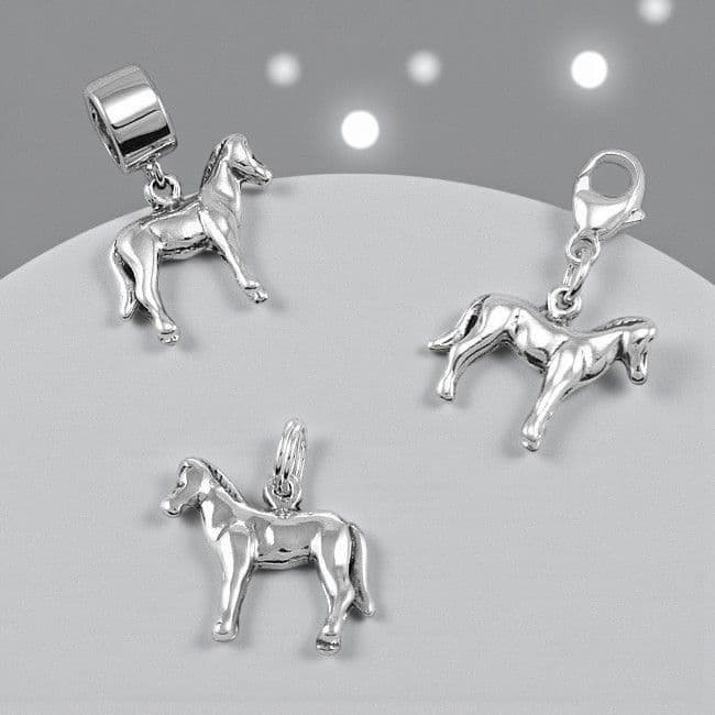 Sterling Silver Horse Pony Charm on Lobster Clasp, Split Ring or Snake Bail | Charming Engraving
