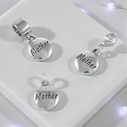 Silver Mother Charm on Clasp, Split Ring or Snake Bail