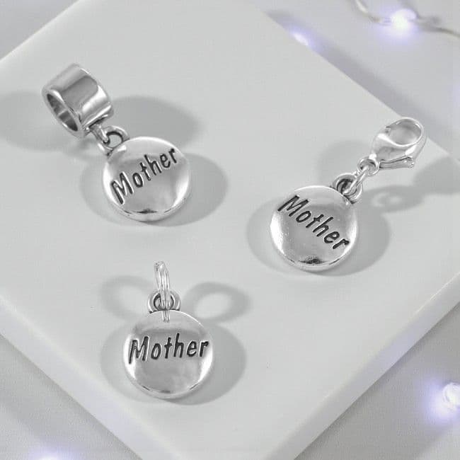 Silver Mother Charm on Clasp, Split Ring or Snake Bail