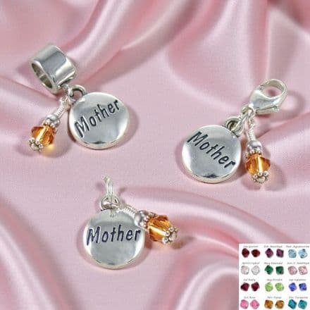 Silver Mother Charm with Birthstone on Lobster Clasp, Split Ring or Bail