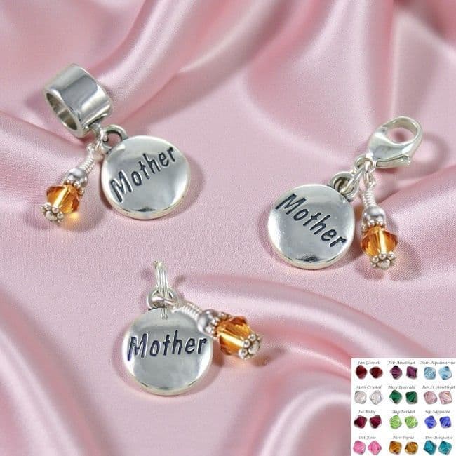Mother Charm, Sterling Silver with Birthstone on Lobster Clasp, Split Ring or Snake Bail | Charming Engraving