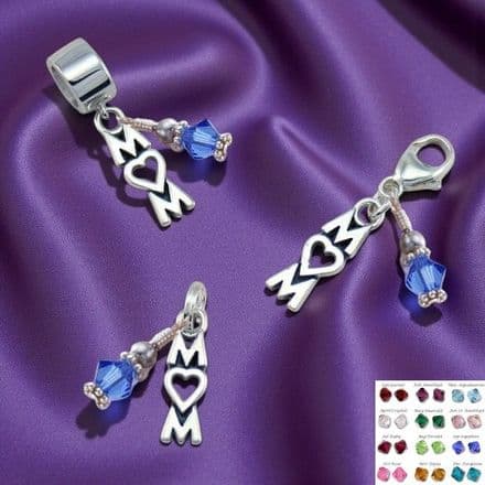 Silver Mum Birthstone Charm on Clasp, Ring or Bail