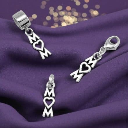 Silver Mum Charm with heart on Clasp, Split Ring or Bail