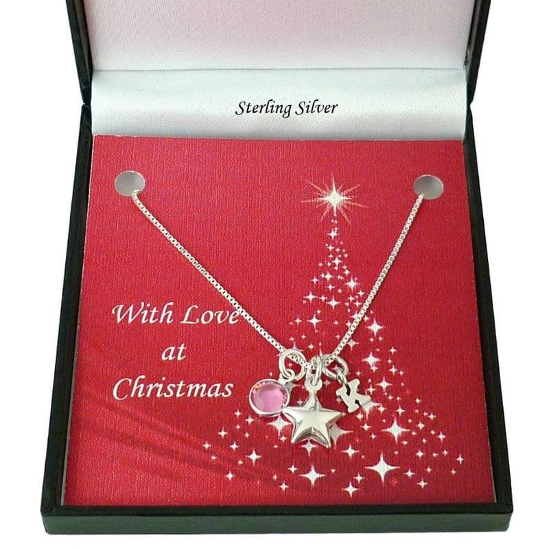 Silver Necklace for Christmas with Birthstone, Star and Letter | Charming Engraving