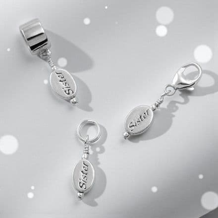 Silver Sister Charm on Lobster Clasp, Split Ring or Snake Bail