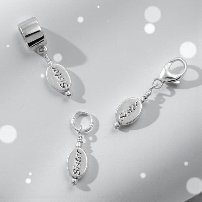 Silver Sister Charm on Lobster Clasp, Split Ring or Snake Bail | Charming Engraving