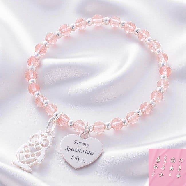 Gemstone Stacking Bracelet with Engraving & Charm Charming Engraving