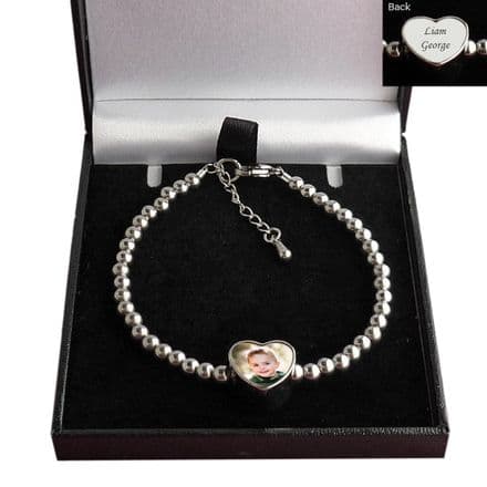 Silver Steel Beads Bracelet with Photo Charm and Engraving