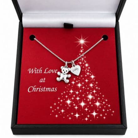 Silver Teddy Bear, Christmas Necklace with Engraving