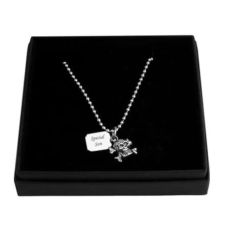 Skull and Crossbones Necklace with Engraved Tag