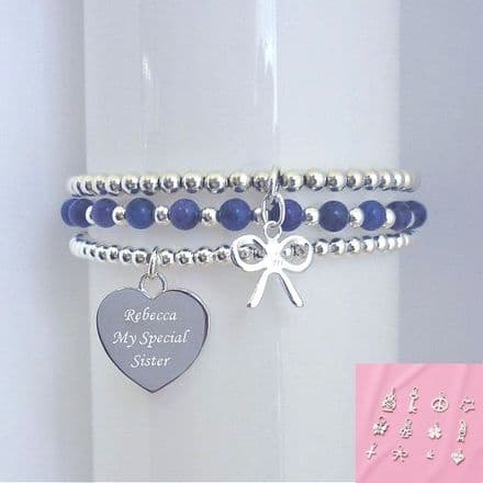 Stack of Three Bracelets with Engraving. Any Colour. Any Charm.