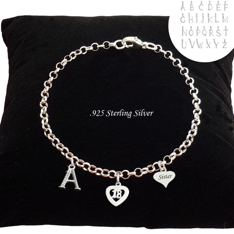 Sterling Silver 16, 18 or 21 Charm Bracelet with Letter and Engraving | Charming Engraving