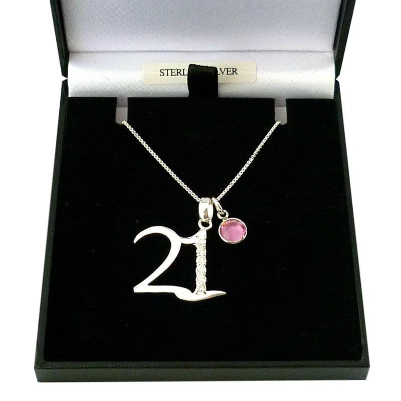 Sterling Silver 21st Birthday Necklace with Birthstone | Charming Engraving