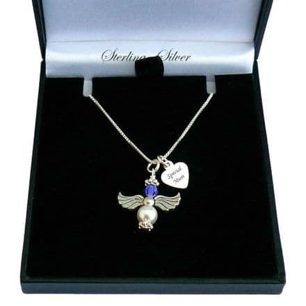 Sterling Silver Angel Necklace with Birthstone and Engraving