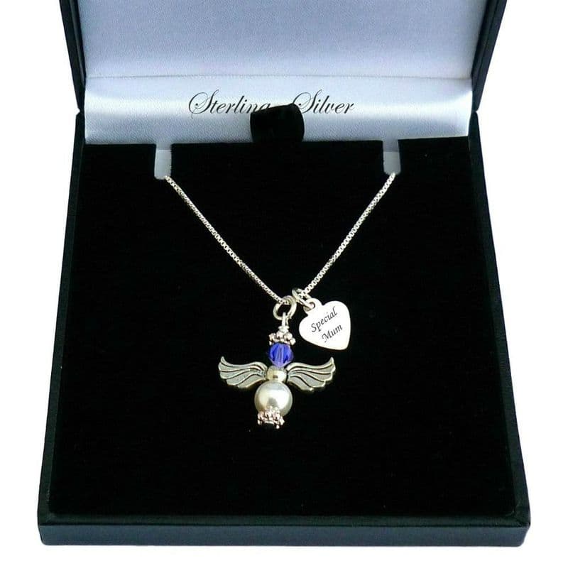Sterling Silver Angel Necklace with Birthstone and Engraving | Charming Engraving