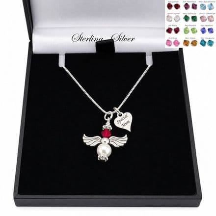 Sterling Silver Angel Necklace with Birthstone and Engraving