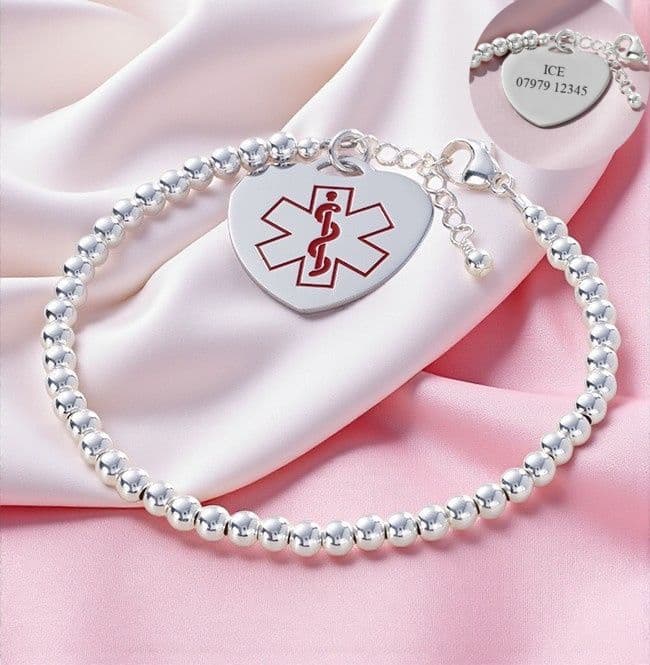 Sterling Silver Beaded Medical Bracelet | Charming Engraving