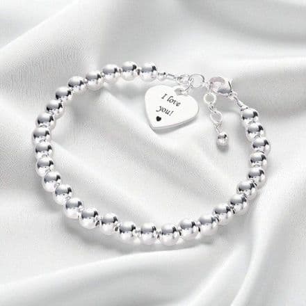 Sterling Silver Beads Bracelet with Engraved Heart Charm