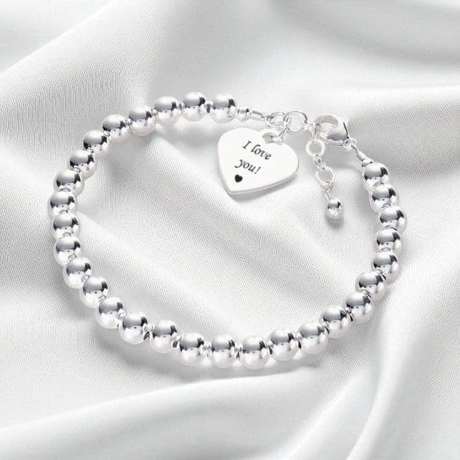 Sterling Silver Beads Bracelet with Engraved Heart Charm | Charming Engraving