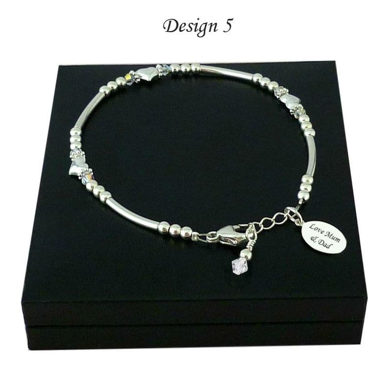 Sterling Silver Bracelet Beads and Hearts with Engraved Tag | Charming Engraving