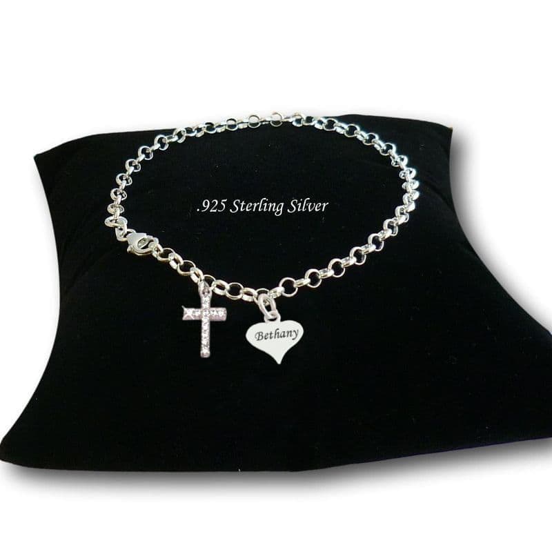 Sterling Silver Bracelet with Engraved Tag & Cross, Gift for First Communion | Charming Engraving