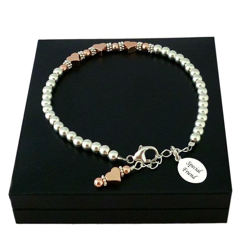 Sterling Silver Bracelet with Engraving and Three Rose Gold Hearts | Charming Engraving