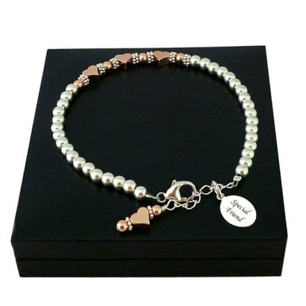 Sterling Silver Bracelet with Engraving and Rose Gold Hearts