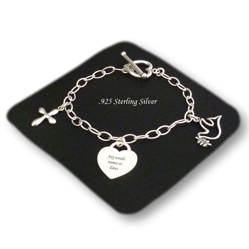 Sterling Silver Charm Bracelet with Dove and Cross Charms | Charming Engraving