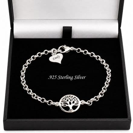Sterling Silver Charm Bracelet with Engraved Heart and Tree of Life