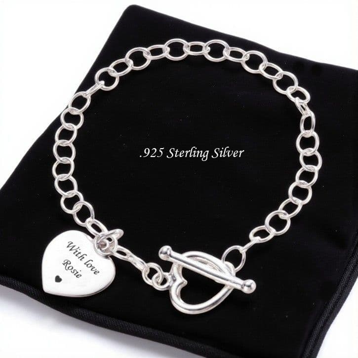 Sterling Silver Charm Bracelet with Heart Toggle Charming Engraving