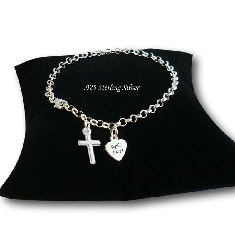 Sterling Silver Charm Christening Bracelet with Cross, Engraved | Charming Engraving