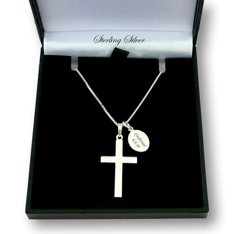 Sterling Silver Cross Pendant on Chain with Engraved Tag | Charming Engraving