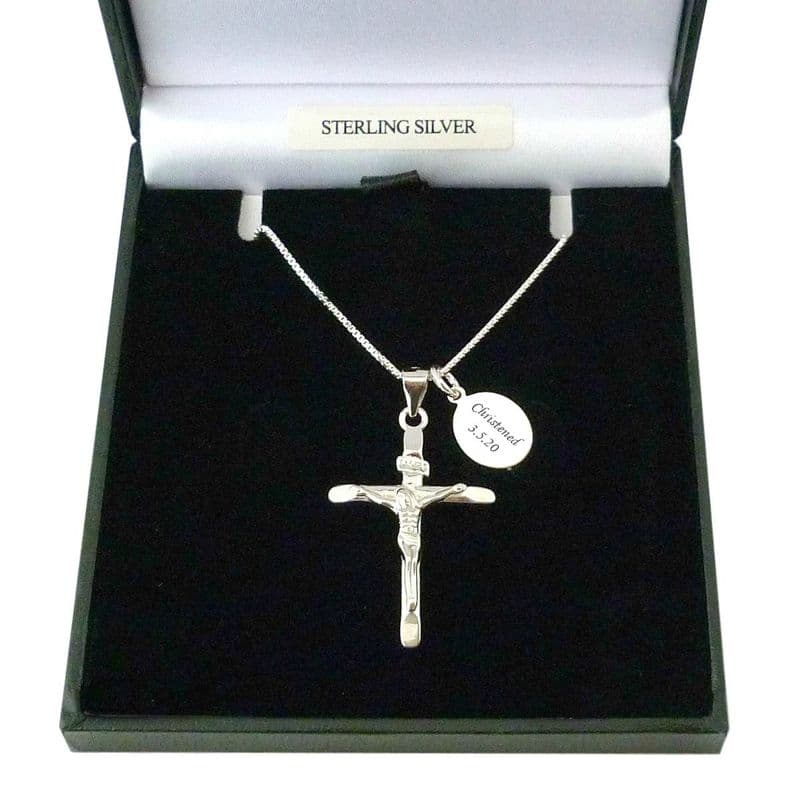 Sterling Silver Crucifix Pendant on Chain with Engraved Tag | Charming Engraving
