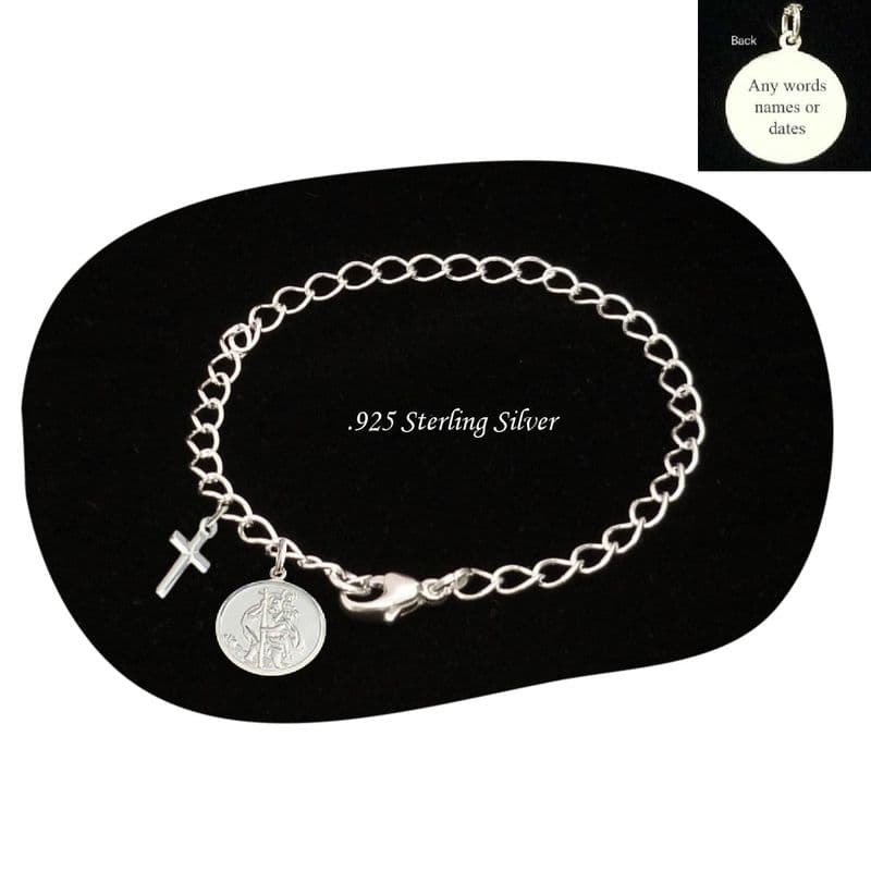 Sterling Silver Curb Chain Bracelet with Cross and Engraved St. Christopher | Charming Engraving