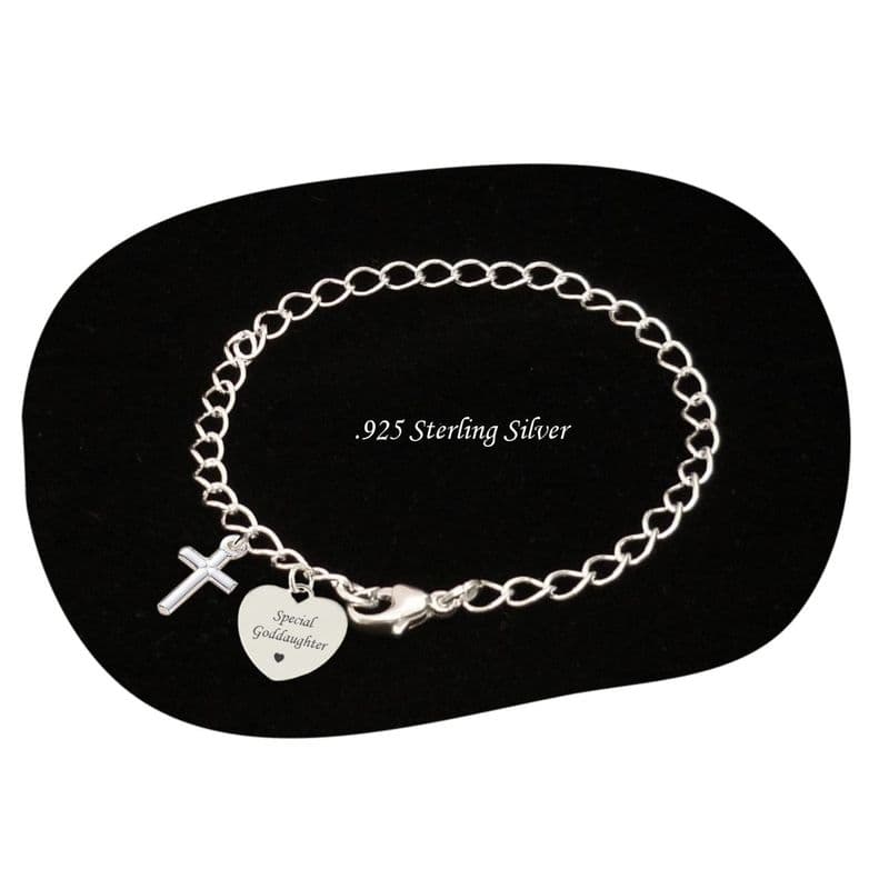 Sterling Silver, Engraved, Curb Chain Bracelet with Cross Charm | Charming Engraving