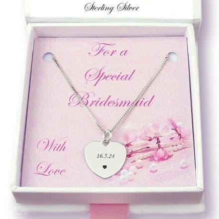 Sterling Silver, Engraved Heart Necklace for a Bridesmaid, Flower Girl