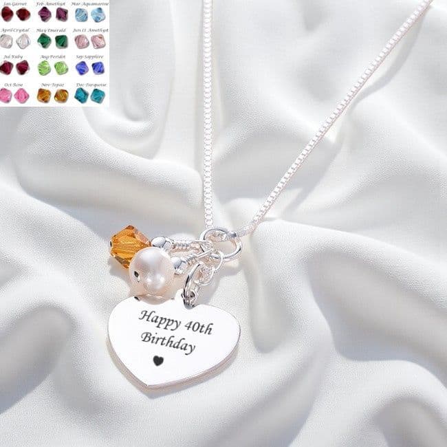 Sterling Silver Engraved Heart Necklace with Birthstone and Pearl | Charming Engraving
