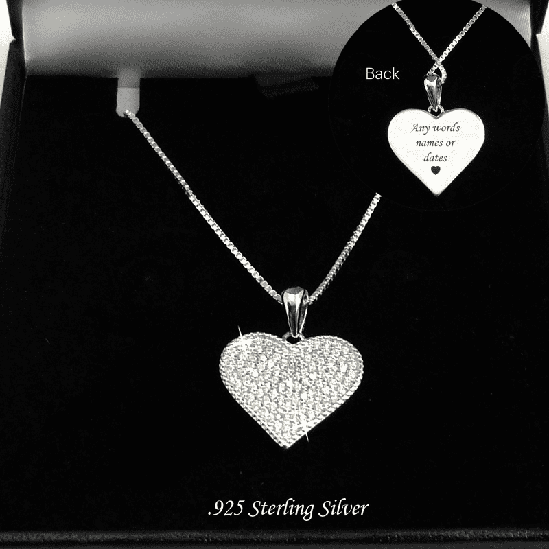 Sterling Silver Engraved Heart Pendant Necklace with Cubic Zirconia Crystals | Charming Engraving