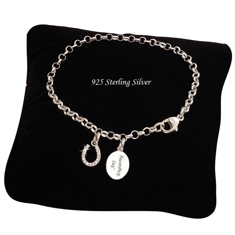 Sterling Silver, Engraved, Rolo Chain Bracelet with Horseshoe Charm | Charming Engraving