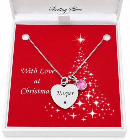 Sterling Silver Heart Necklace for Christmas with Birthstone and Engraving