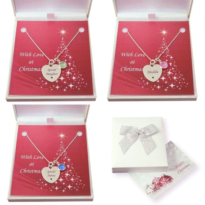Sterling Silver Heart Necklace for Christmas with Birthstone and Engraving  | Charming Engraving