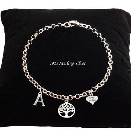Sterling Silver Letter Bracelet, Tree of Life, Personalised with Any Engraving