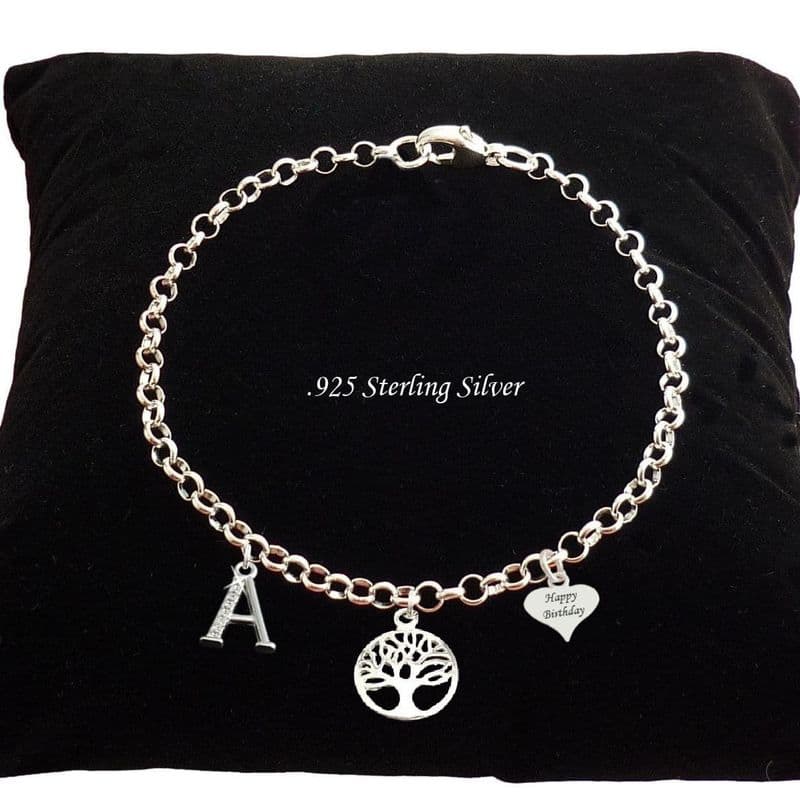 Sterling Silver Letter Bracelet, Tree of Life, Personalised with Any Engraving| Charming Engraving