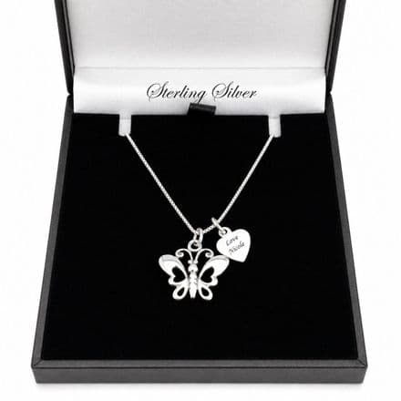 Sterling Silver Necklace with Butterfly Pendant and Engraving