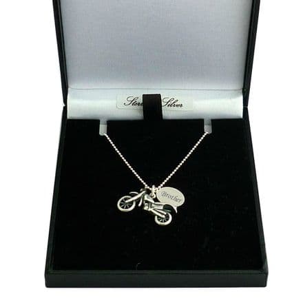 Sterling Silver Necklace with Motorbike Pendant and Engraving