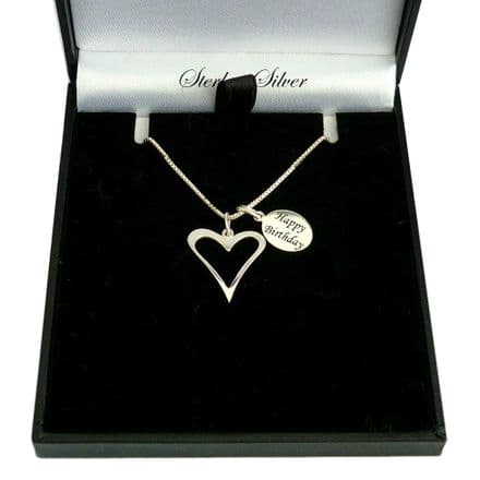 Sterling Silver Necklace with Open Heart Pendant and Engraving