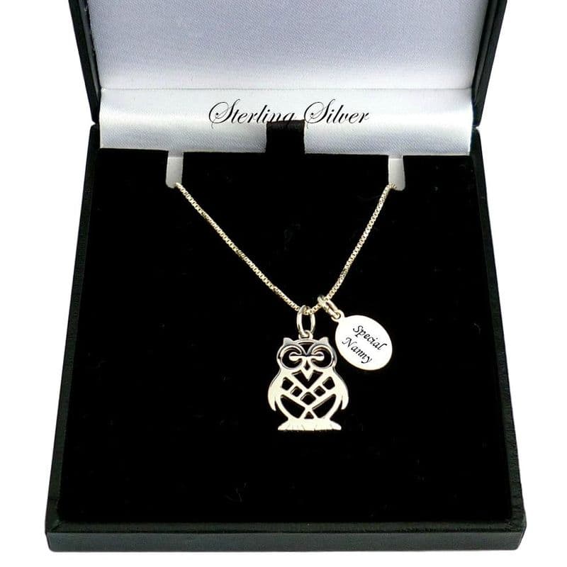 Sterling Silver Necklace with Owl Pendant and Engraving | Charming Engraving