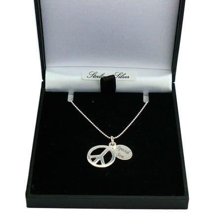 Sterling Silver Necklace with Peace Symbol Pendant and Engraving